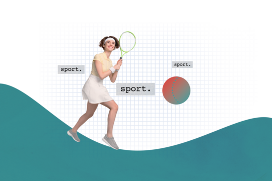 Creative poster collage of funny young female professional skilled tennis player racket energetic have fun magazine surrealism metaphor