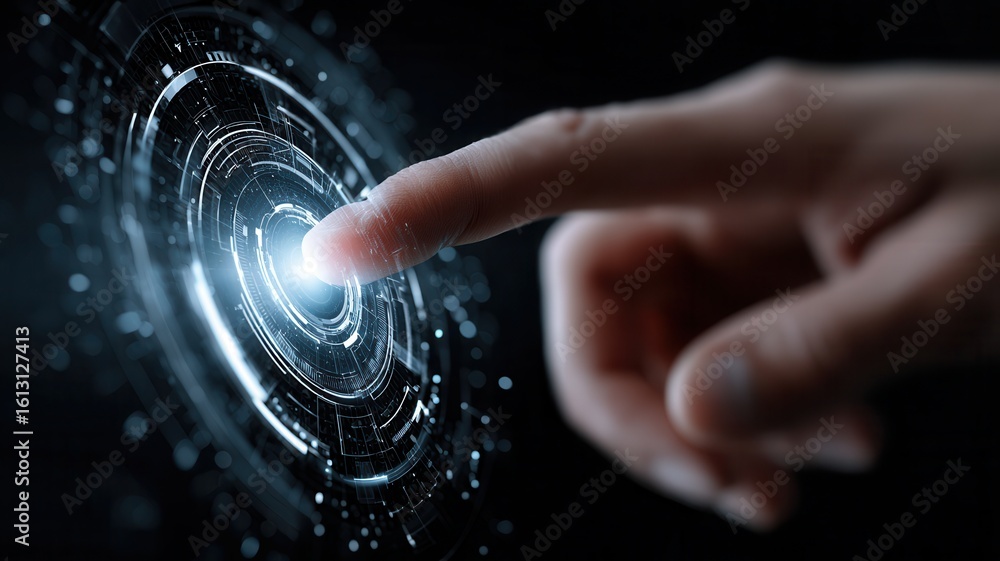 Poster hand interacting with a futuristic holographic interface, symbolizing technological innovation and d