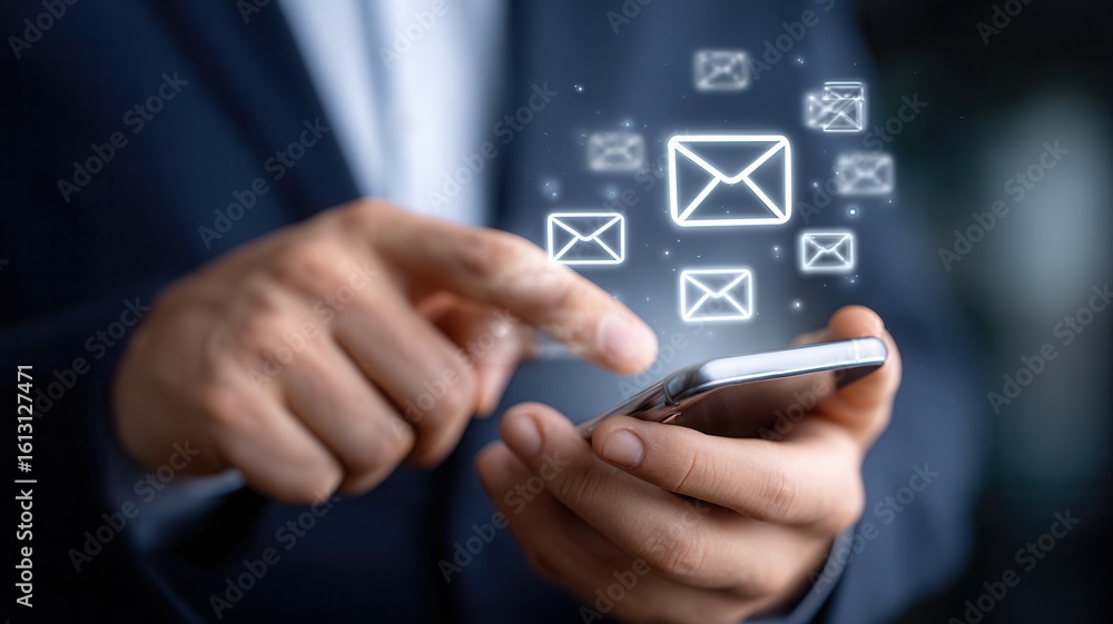 Poster businessman is checking email messages on smartphone with envelope icons floating above, representin