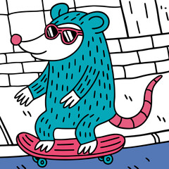 Caricature of cool funny opossum riding on the skateboard 