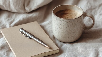 A cozy scene with a ceramic mug filled with coffee, accompanied by a closed notebook and a silver pen resting on a soft, textured fabric surface.