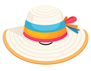 Smiling sun hat cartoon character with colorful ribbon on white background, high-reso