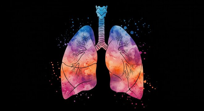 Multicolored lungs anatomy with trachea on black background