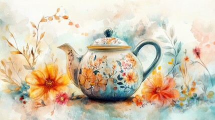 Artistic teapot with flowers on painted background, serene mood