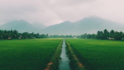 Lush green paddy fields stretch to a hazy mountain range