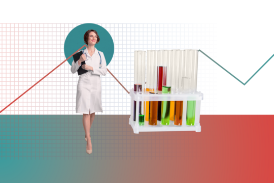 Composite collage image of young beautiful female doctor laboratory assistant scientist chemistry tube magazine surrealism metaphor