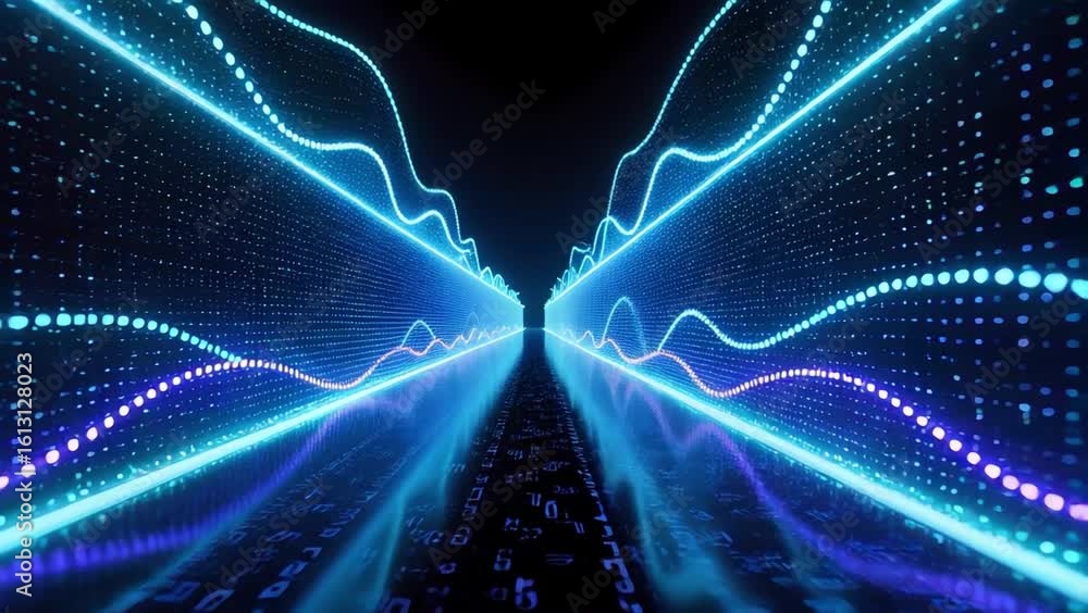 Poster futuristic digital tunnel featuring glowing blue and purple lines, dots, and motion data streams sho