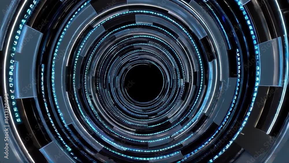 Poster futuristic digital tunnel featuring glowing blue and black circular patterns with vibrant white ligh