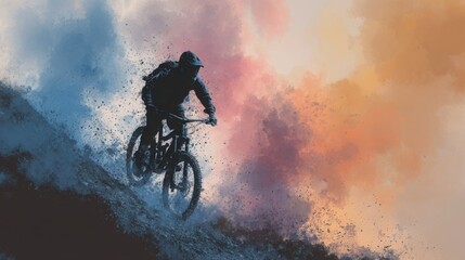 Naklejka premium A mountain biker rides downhill through rugged terrain, kicking up dirt and dust against a colorful, dynamic backdrop.