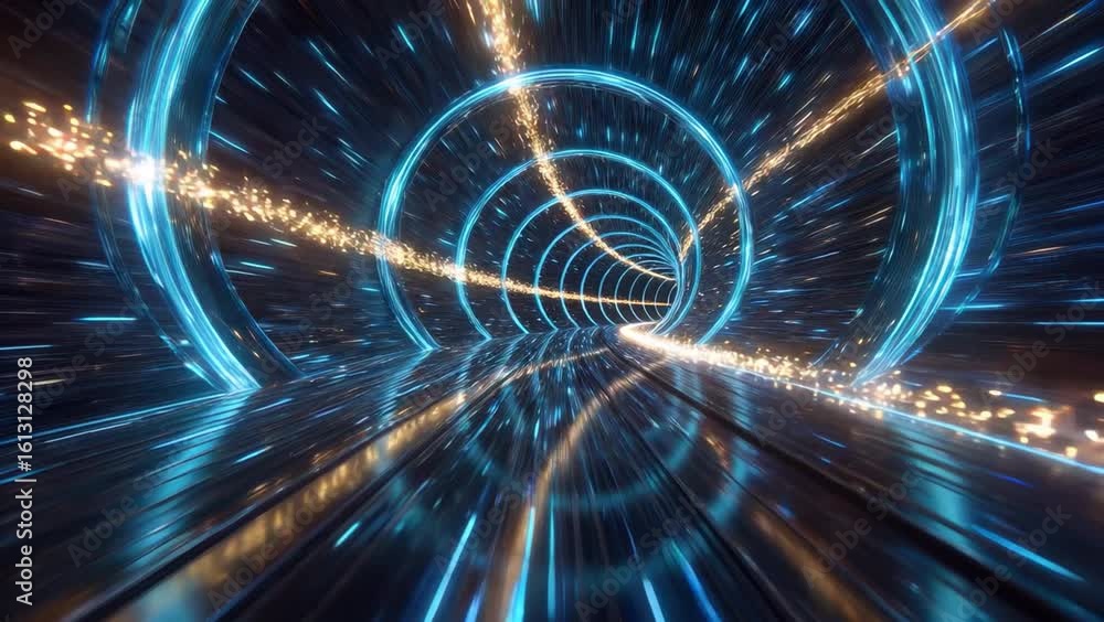 Poster futuristic glowing tunnel with blue rings and streaks of light showcasing dynamic speed and motion, 