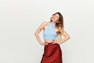Radiating joy with summer vibes, a young woman embraces effortless beauty