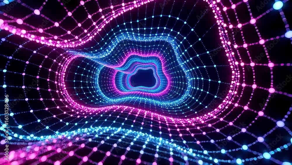 Poster futuristic digital visualization of vibrant tunnel with glowing dots and lines, abstract cosmic web 