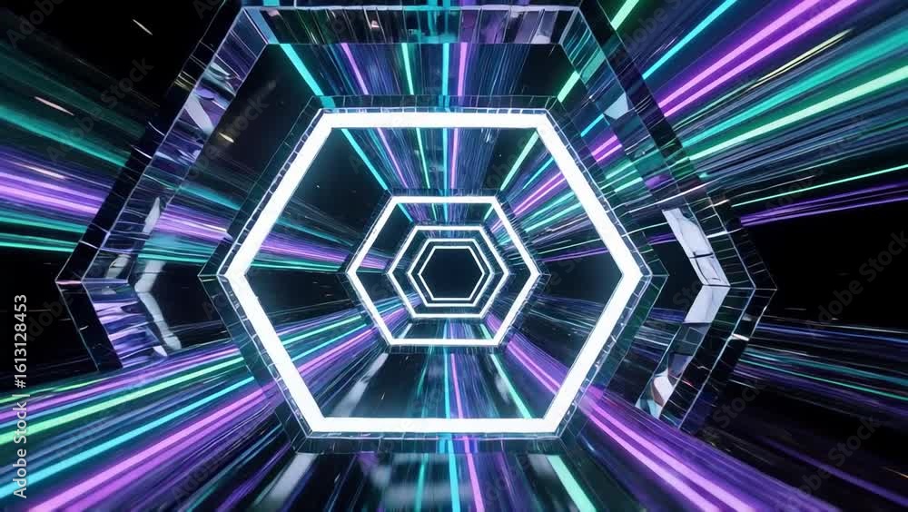 Aufkleber futuristic tunnel featuring glowing hexagon frames and vibrant light streaks with neon reflections, 