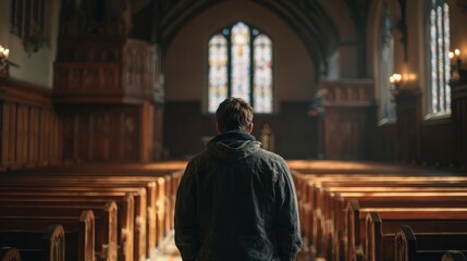 Naklejka premium A person sits alone in a dimly lit church, facing away towards stained glass windows and wooden pews in a serene, contemplative atmosphere.