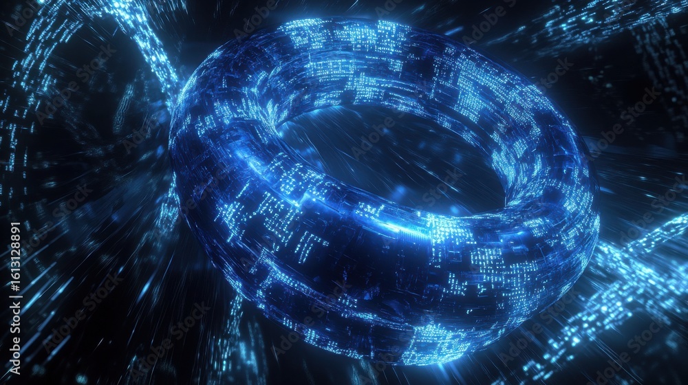 Poster glowing blue torus-shaped object with data streams in digital space