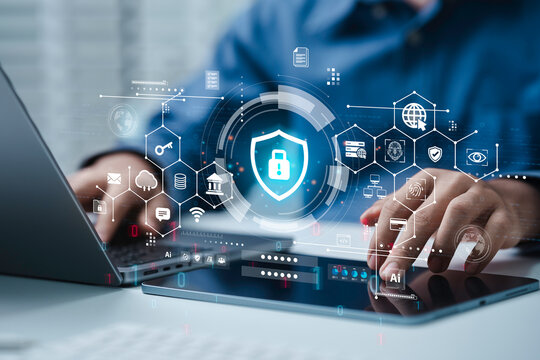 Cyber security and Data protection concept, Businessman using laptop computer with Lock icon on internet network security technology. Cybersecurity and privacy management on cloud computing