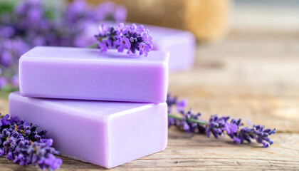 Lavender soap bars stacked on wooden surface, fresh lavender flowers. Natural handmade product.