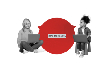 Creative abstract template collage of teacher schoolgirl remote lessons communicate video call new message magazine surrealism metaphor