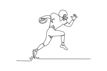 Continuous one line drawing young agile American football player run fast. Sport attack. Professional sportsman career. Action, motion, competition. Single line draw design vector graphic illustration