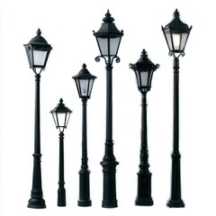 A collection of elegant black street lamps of varying heights, perfect for enhancing urban or vintage-themed graphic designs, architecture projects, or illustrating outdoor lighting concepts,