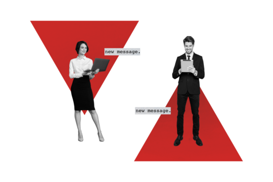 Composite collage image of two business partners employee colleagues communicate chat new message red triangle magazine surrealism metaphor