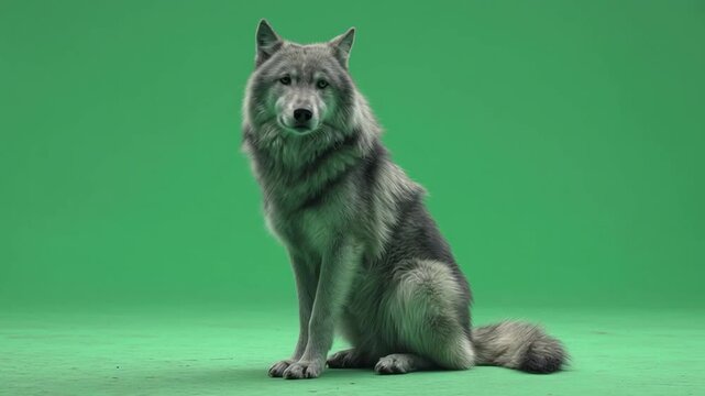 Gray wolf sitting upright and looking to the left side on a green screen background studio shot green screen animal video