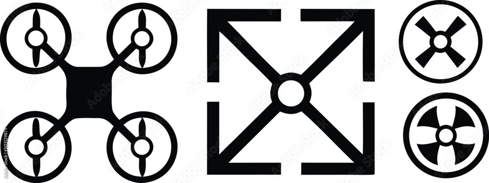 Poster black drone propeller and directional arrows icons quadcopter rotor vector bundle collection set pac