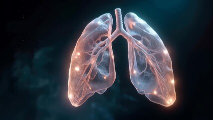 Glowing pair of transparent lungs with visible bronchial structures is surrounded by smoke. Concept of breathing, health risk, harm caused by smoking and harmful habits