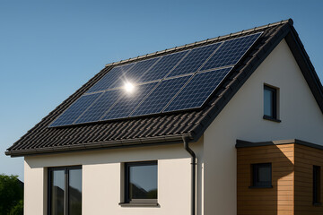 Naklejka premium Solar panels on roof of house energy efficiency renewable power system