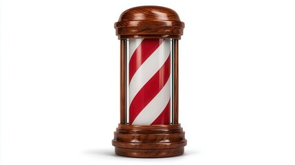 A classic barber pole featuring red and white stripes in a wooden holder, This image is perfect for hair salons, barbershops, or promotional materials related to grooming services,