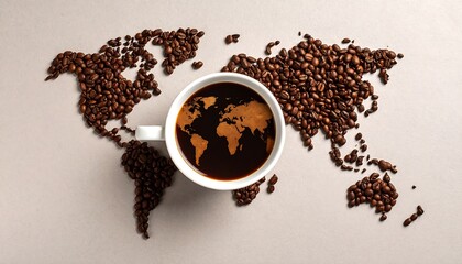 World map formed by coffee beans surrounds a mug of coffee showing a world map reflection