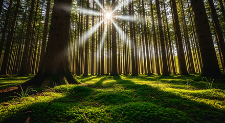 Fototapeta premium Sunlight Streaming Through Towering Trees in a Lush Forest Landscape Creating a Serene and Enchanting Atmosphere for Nature Lovers