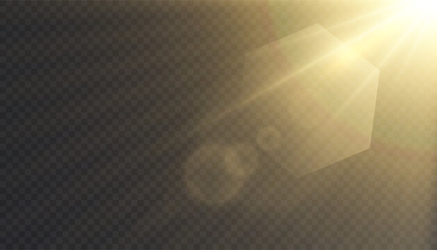 Realistic sunlight lens flare with warm yellow glow and hexagonal reflections on transparent background. Perfect for photo edits, overlays, UI effects and bright design accents.
