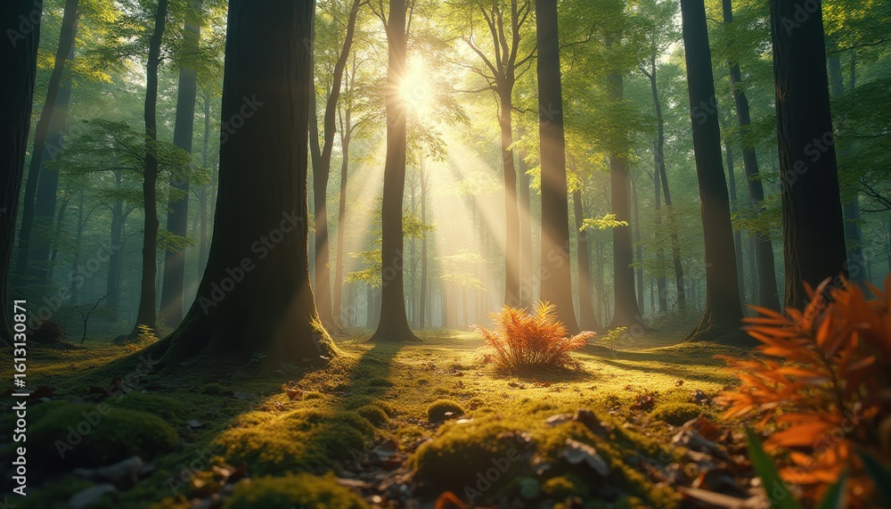 Poster sunlight beams filtering through trees in serene forest