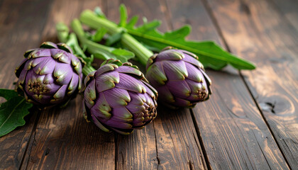 Obraz premium vibrant purple artichokes rest on a rustic wooden table, highlighting their natural beauty and freshness. 