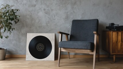 Retro interior setup featuring a mid-century modern chair and vinyl record