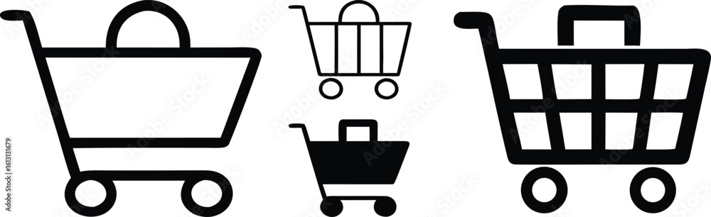 Poster black shopping carts with wheels and handles trolley store vector bundle collection set pack object 