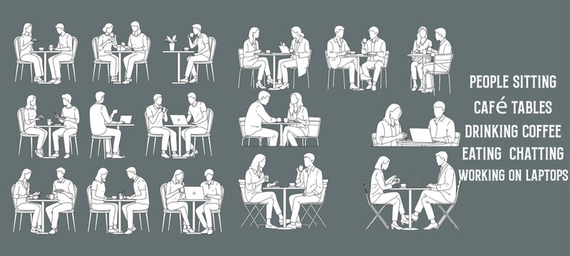 Minimal Outline Vector Illustrations of People Sitting at Cafe Tables – Drinking Coffee, Eating, Chatting, and Working on Laptops – Clean Hand-Drawn Style for Architectural and Lifestyle Design Use