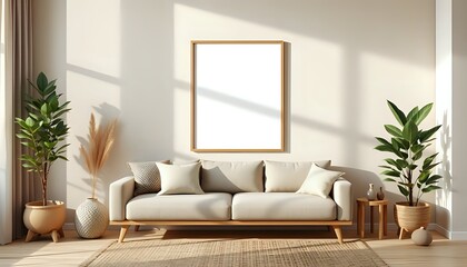modern japandi living room with vertical mockup frame, warm wooden textures in beige color palette