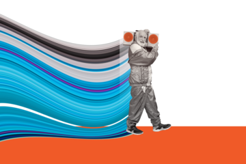 Composite sketch image artwork 3D collage of aged man wear old sport suit 80s walk hold retro boombox listen music partu celebration