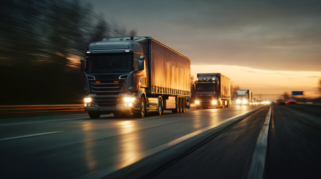 A convoy of trucks driving through the night on a highway, their headlights piercing the darkness, with the glow of taillights creating a trail of light along the road