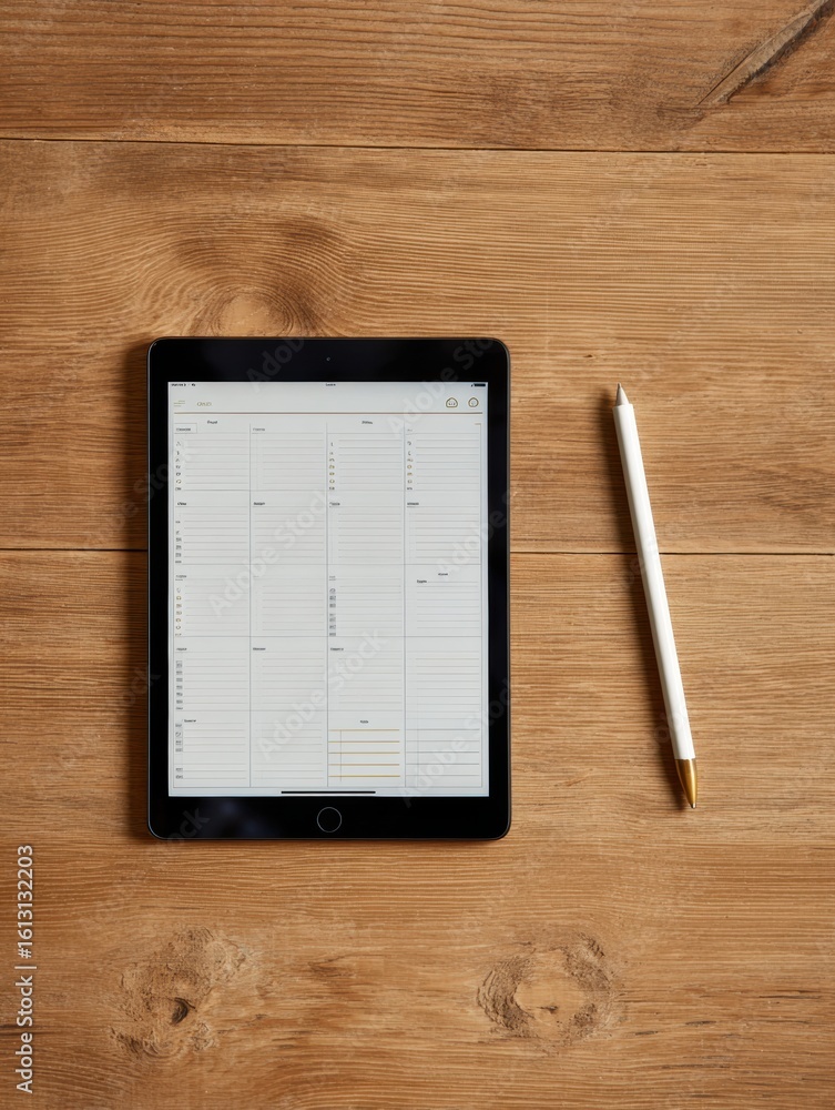 Poster digital planner displayed on a tablet with stylus beside it on a clean wooden table from an overhead