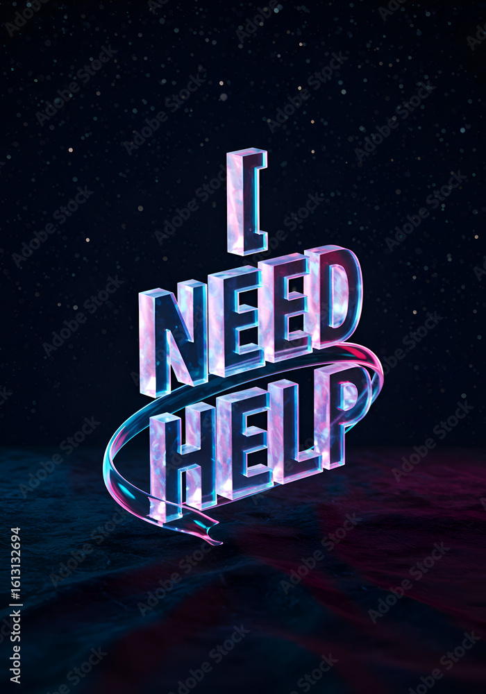 Poster neon-lit, 3d text with i need help displayed in a swirling, translucent style against a dark, starry