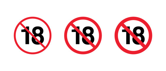 Under 18 prohibited icon set. Age restriction warning sign. Eighteen banned symbol