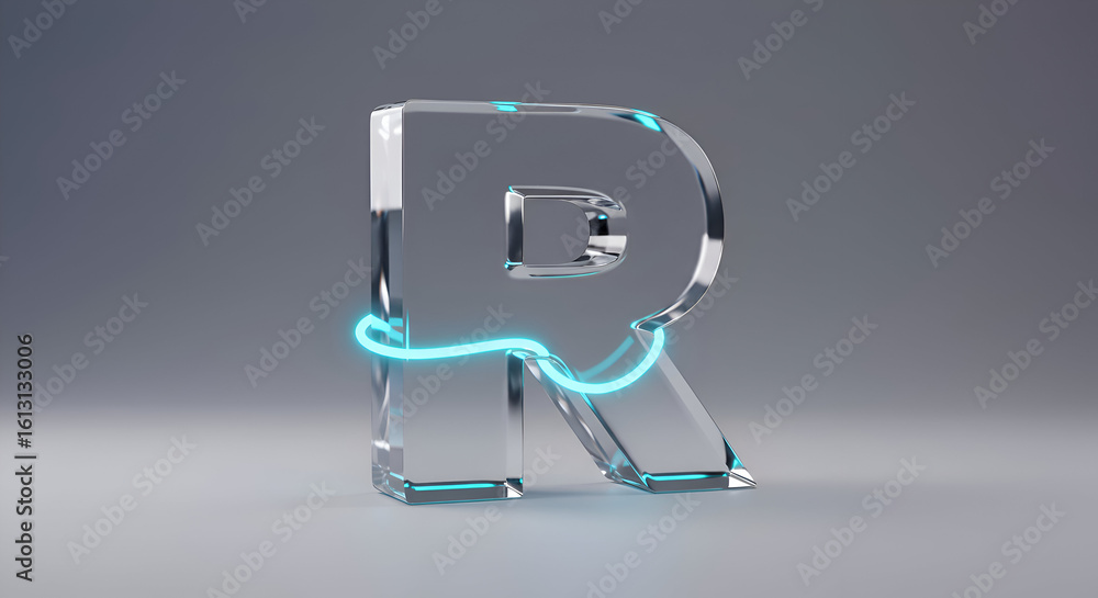 Poster glass letter r with neon light outline in studio setting. modern design element with subtle light gl