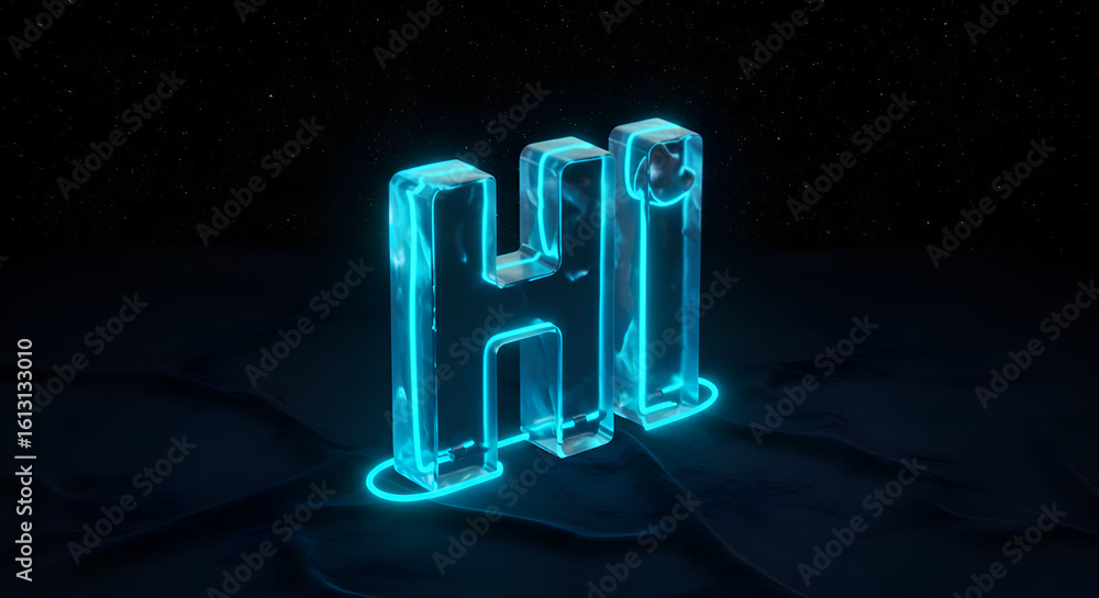 Aufkleber 3d rendered glowing cyan hi letters on a dark surface with starry night background. abstract, futuri