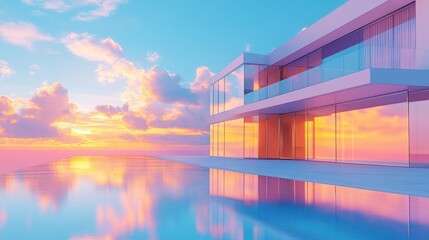Modern Luxury Villa with Infinity Pool at Sunset, Featuring Reflective Glass Facades and Water, Capturing Vibrant Sky Hues and Tranquil Architectural Serenity.