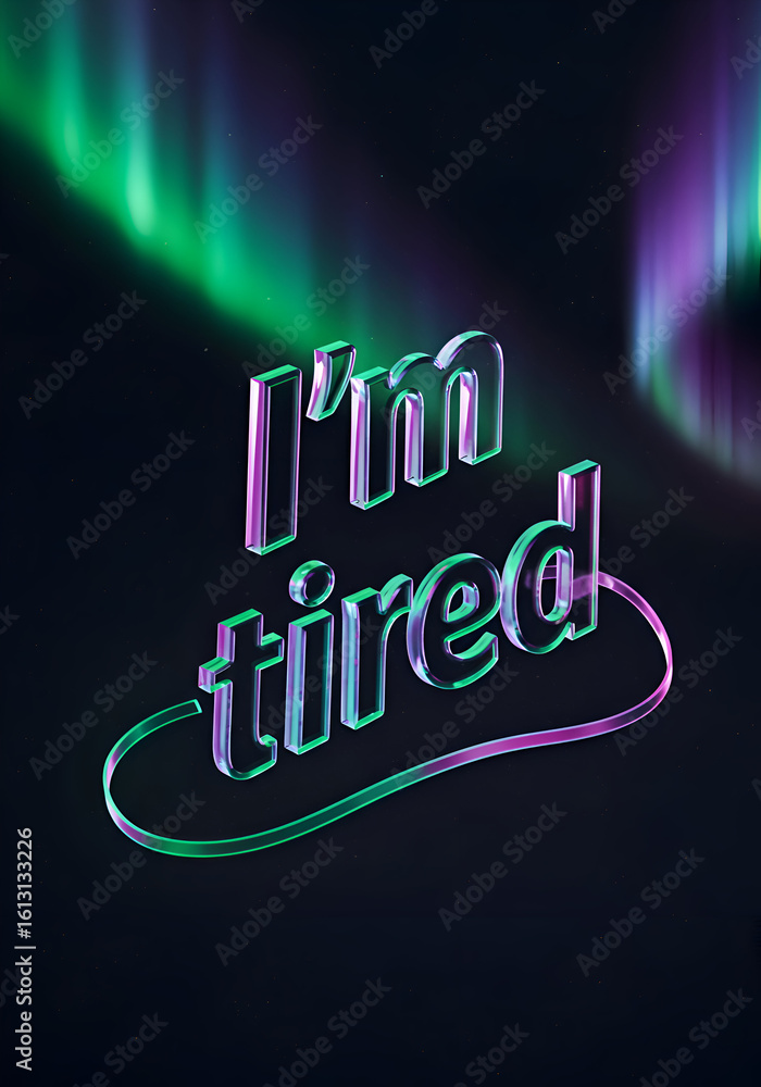 Poster dynamic 3d i'm tired text graphic with aurora borealis background, glowing vibrantly against a dark 