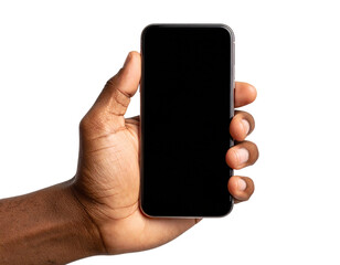  African male hand holding smartphone with blank black screen isolated on transparent background PNG
