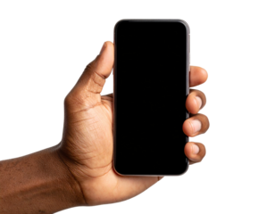  African male hand holding smartphone with blank black screen isolated on transparent background PNG